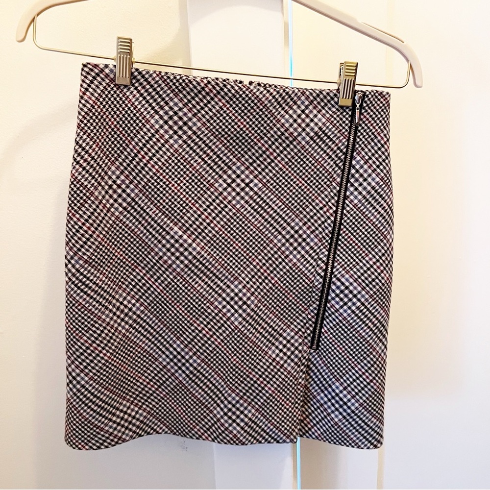 White House Black Market Skirt 00‎ Houndstooth Check Plaid Moto Mini Zip